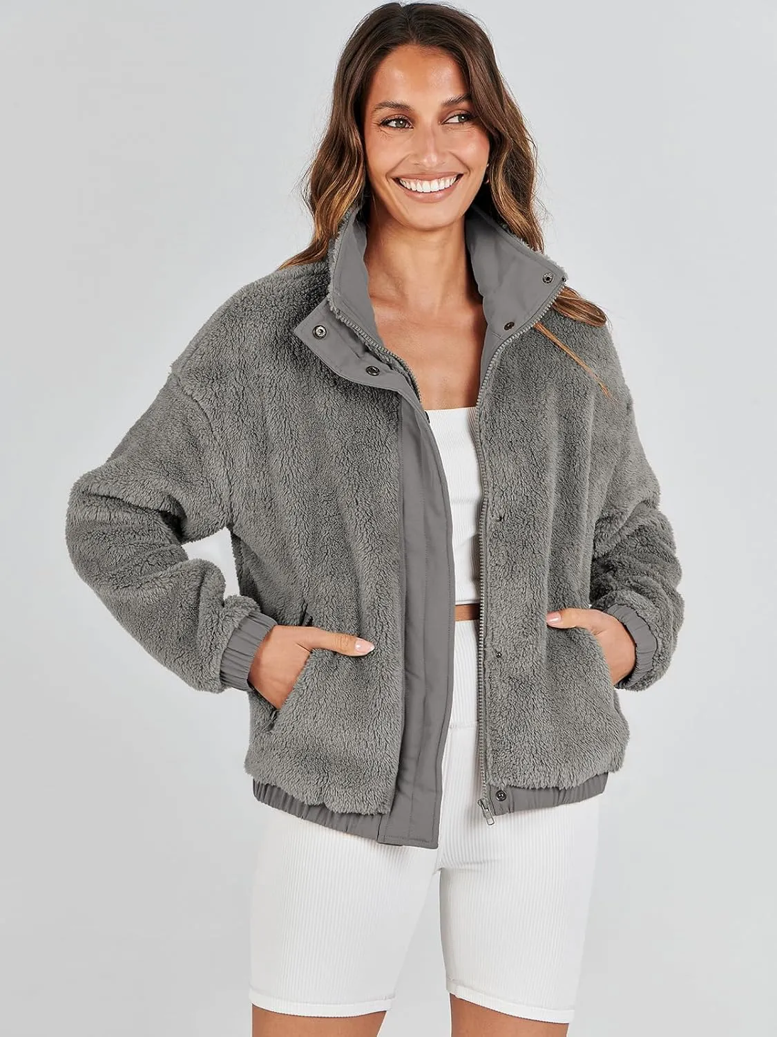 ANRABESS Womens Fleece Jacket Casual Long Sleeve Cropped Sherpa Button Down Fuzzy Warm Coats Fall Outwear With Pockets