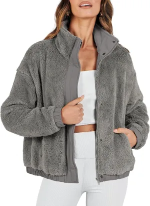 ANRABESS Womens Fleece Jacket Casual Long Sleeve Cropped Sherpa Button Down Fuzzy Warm Coats Fall Outwear With Pockets