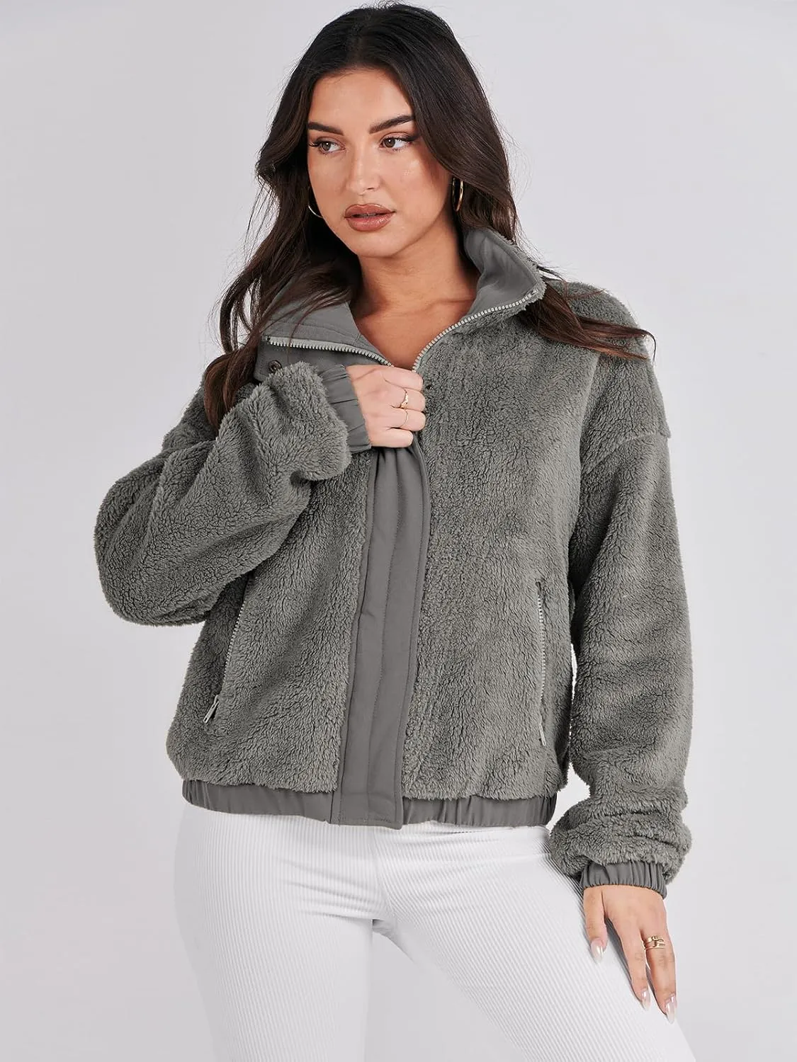 ANRABESS Womens Fleece Jacket Casual Long Sleeve Cropped Sherpa Button Down Fuzzy Warm Coats Fall Outwear With Pockets