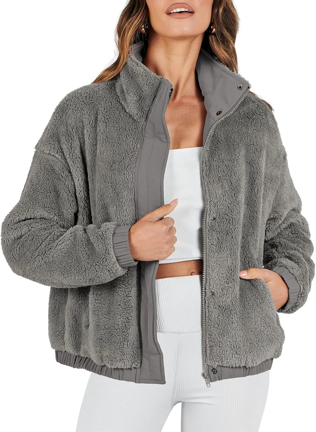 ANRABESS Womens Fleece Jacket Casual Long Sleeve Cropped Sherpa Button Down Fuzzy Warm Coats Fall Outwear With Pockets
