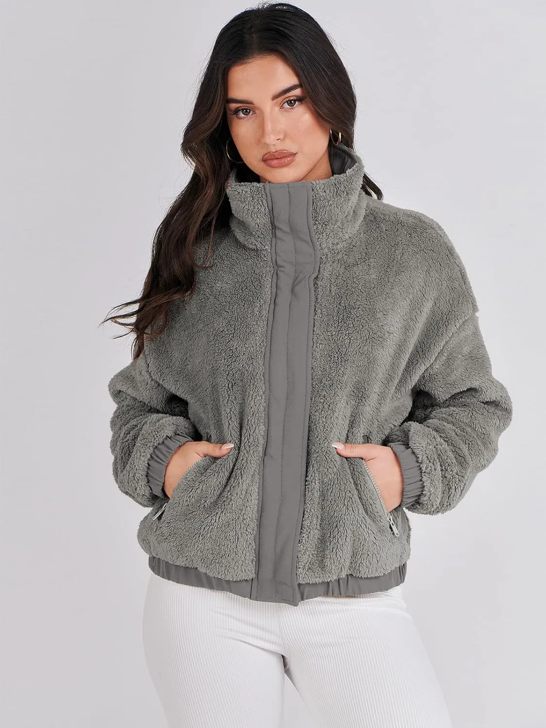 ANRABESS Womens Fleece Jacket Casual Long Sleeve Cropped Sherpa Button Down Fuzzy Warm Coats Fall Outwear With Pockets
