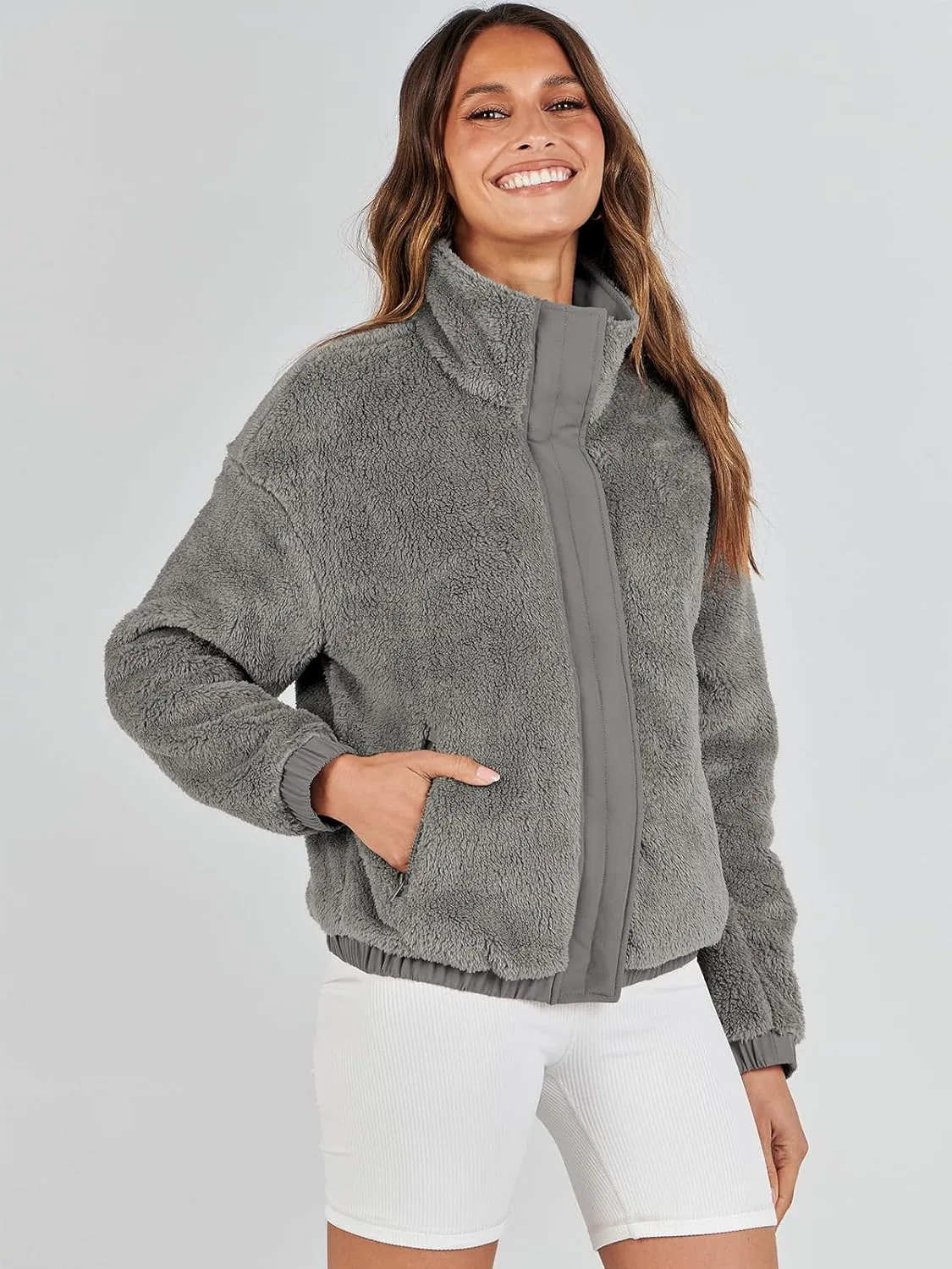 ANRABESS Womens Fleece Jacket Casual Long Sleeve Cropped Sherpa Button Down Fuzzy Warm Coats Fall Outwear With Pockets