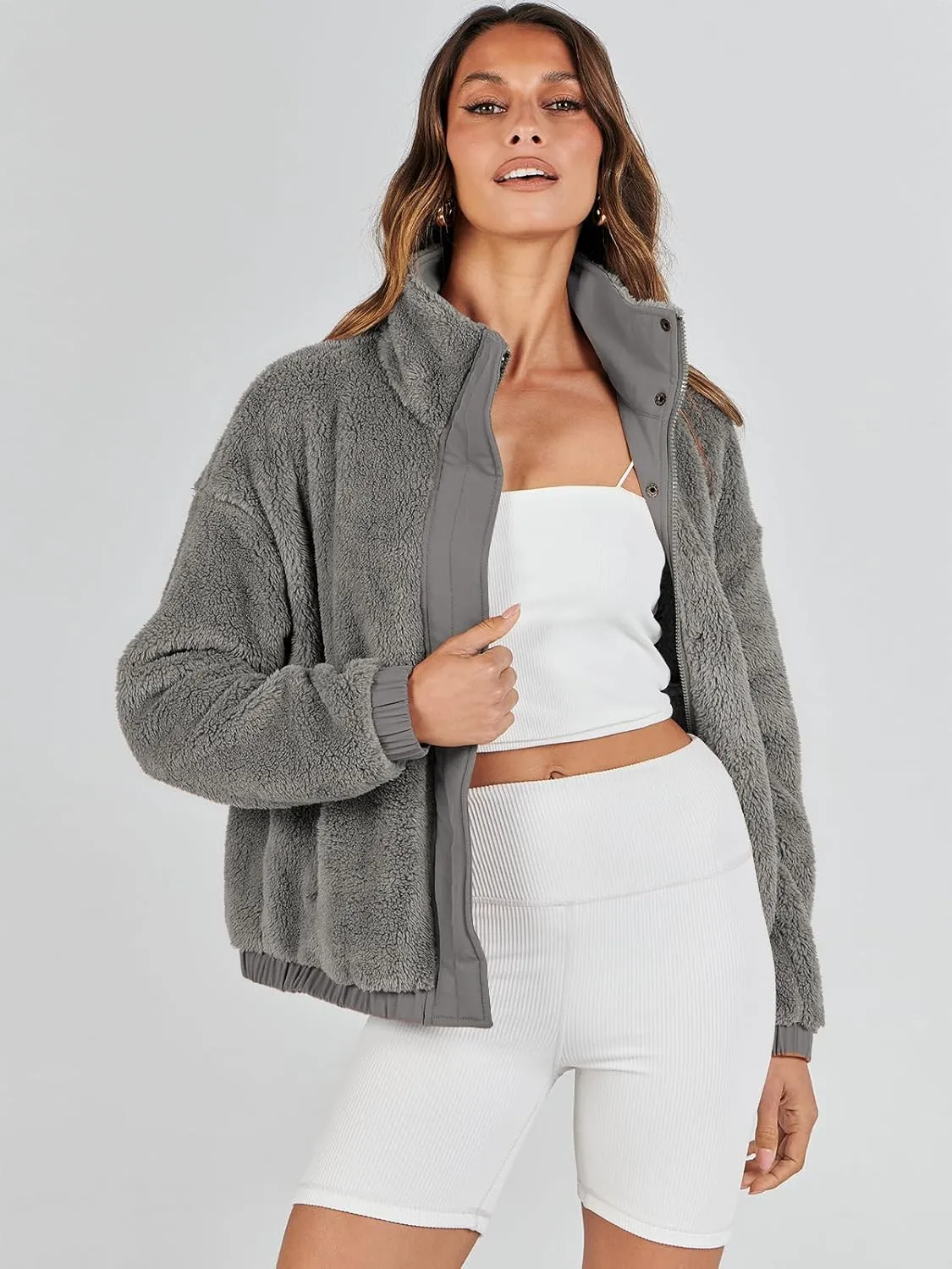 ANRABESS Womens Fleece Jacket Casual Long Sleeve Cropped Sherpa Button Down Fuzzy Warm Coats Fall Outwear With Pockets