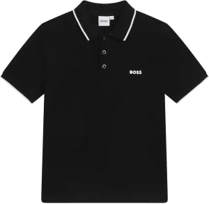 BOSS Boys Short Sleeve Knit Polo Shirt, Soft and Breathable, School Uniform with Striped Collar, Black, 10 Years