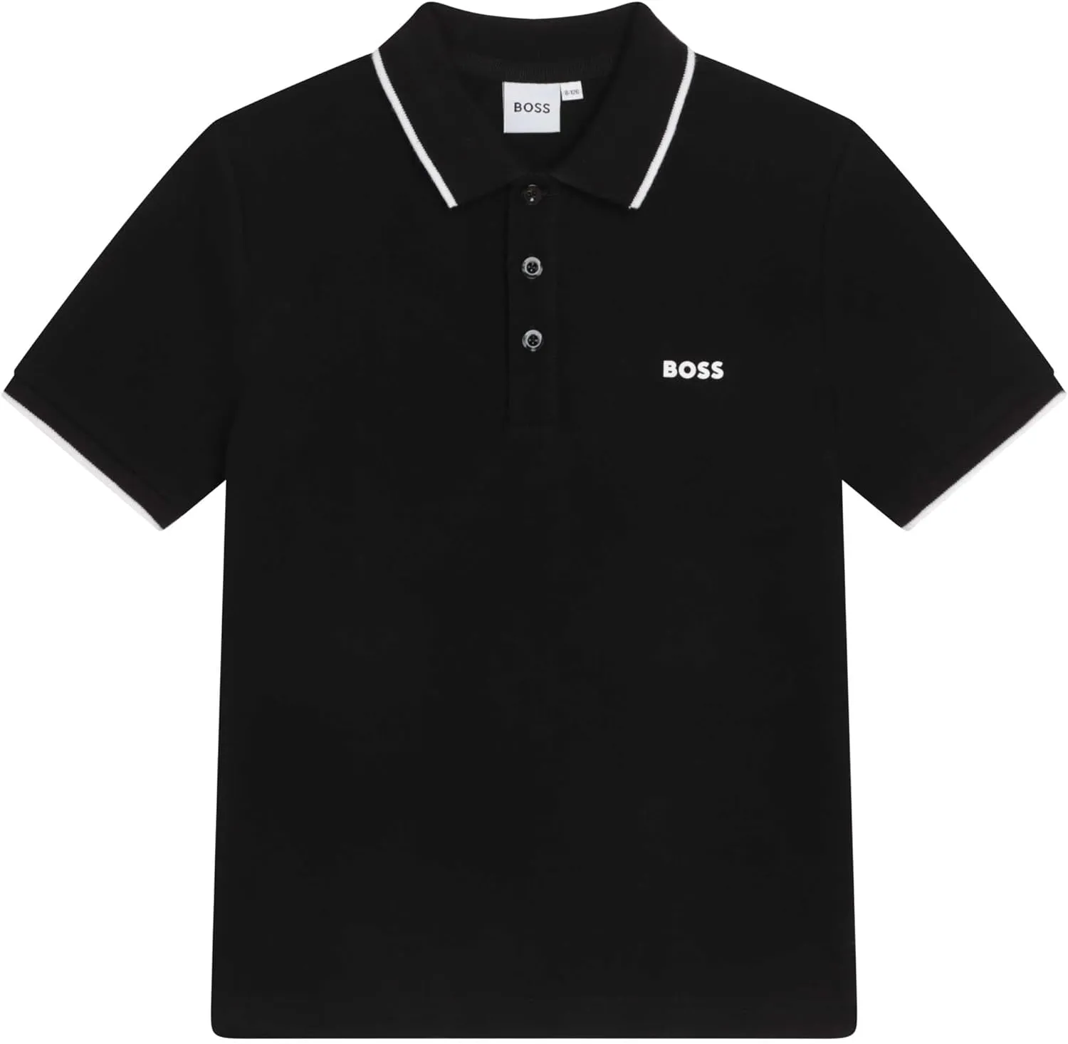 BOSS Boys Short Sleeve Knit Polo Shirt, Soft and Breathable, School Uniform with Striped Collar, Black, 10 Years