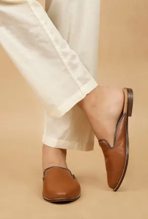 Caramel Brown Cruelty Free Leather Sliders Jutti