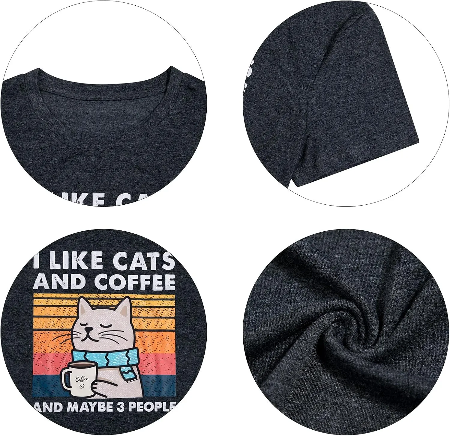 Cat Shirt I Like Cats and Coffee and Maybe 3 People Graphic T-Shirt Vintage Cat Lover Shirts Retro Coffee Lover Gift Tee Tops