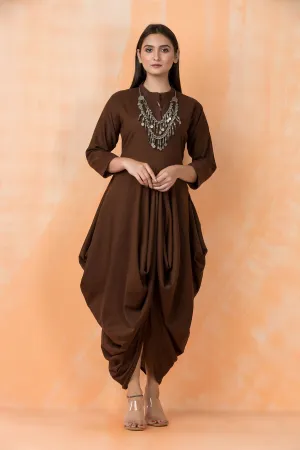 Classic Brown German Cotton Cowl Dress