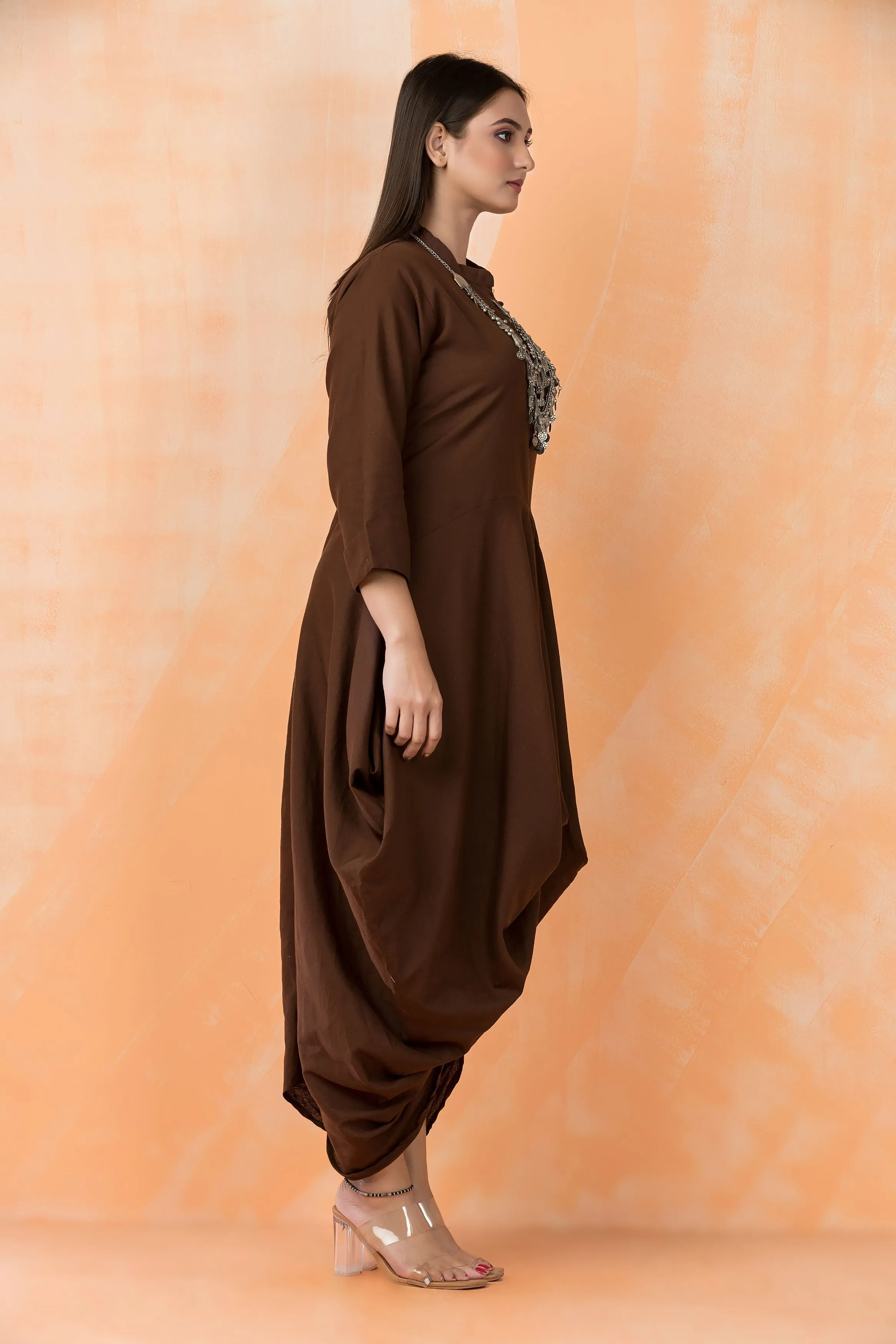 Classic Brown German Cotton Cowl Dress