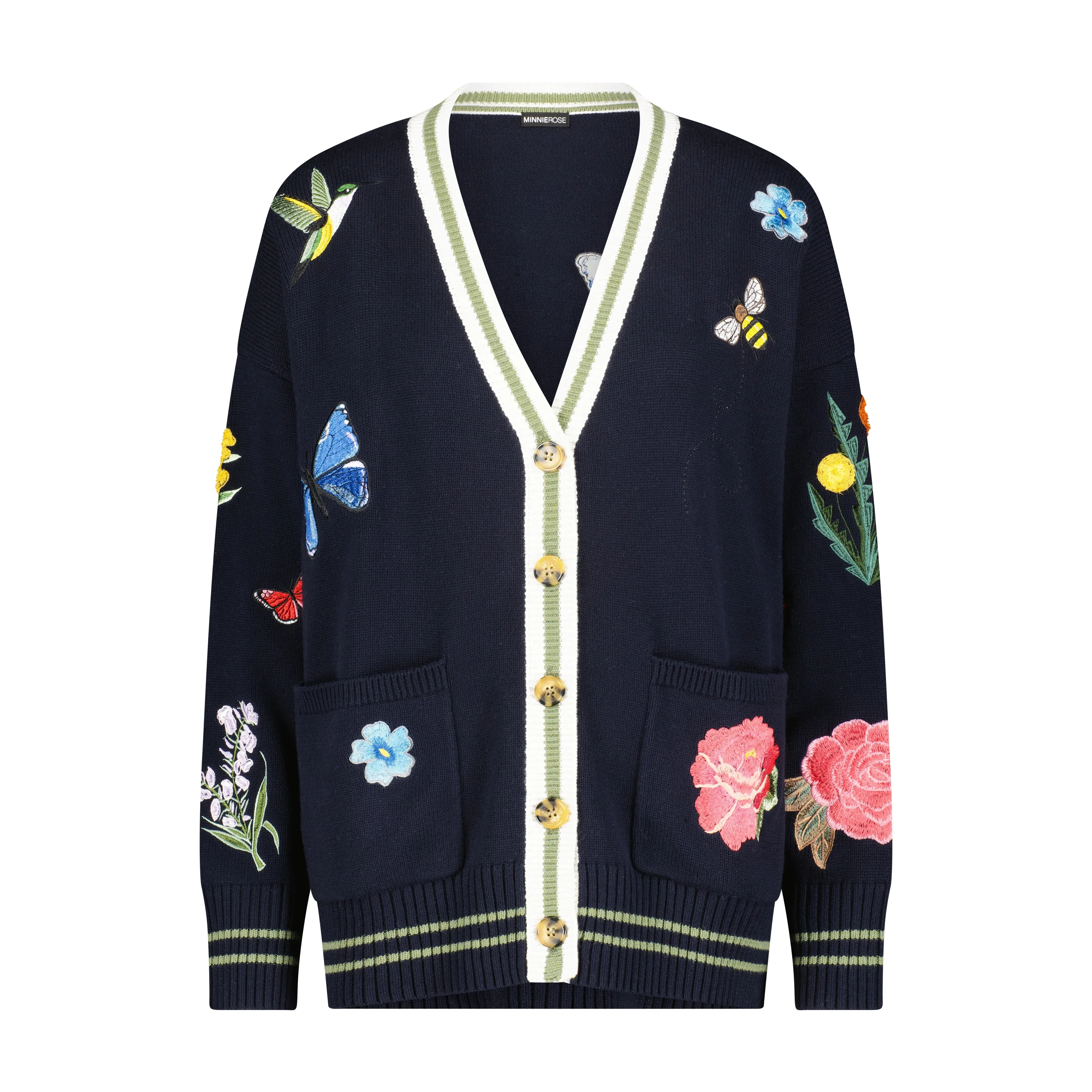 Cotton Cashmere Oversized Cardigan with Patches | Navy Blue