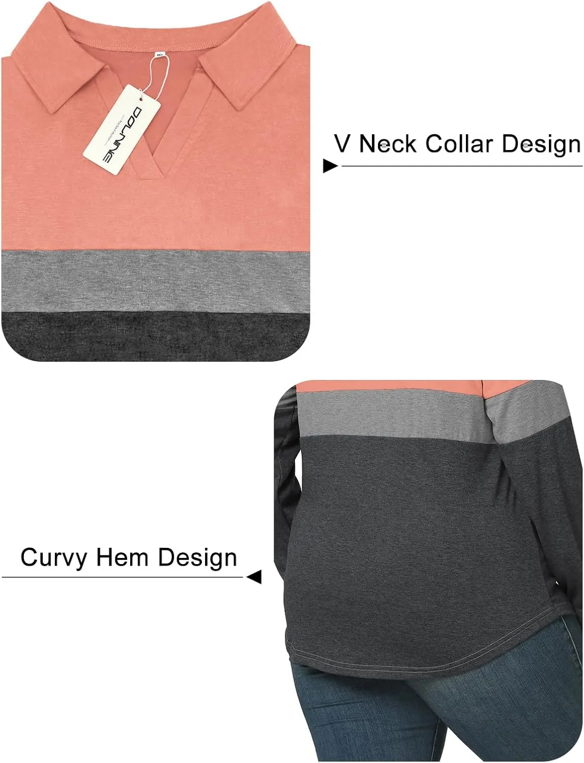DOLNINE Womens Plus-Size-Polo-Shirts Classic V Neck Casual Solid Color Long Sleeve Collared Loose Tunic Tops XL-5XL