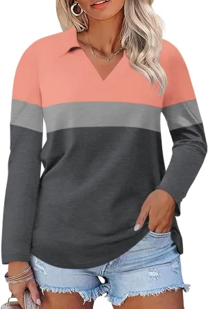DOLNINE Womens Plus-Size-Polo-Shirts Classic V Neck Casual Solid Color Long Sleeve Collared Loose Tunic Tops XL-5XL