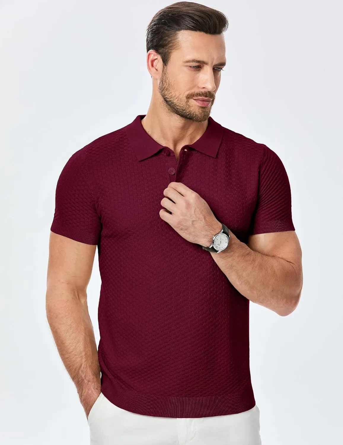 JMIERR Mens Knit Polo Shirts Classic Button Basic Textured T Shirts Casual Slim Fit Short Sleeve Summer Golf Tee Shirt
