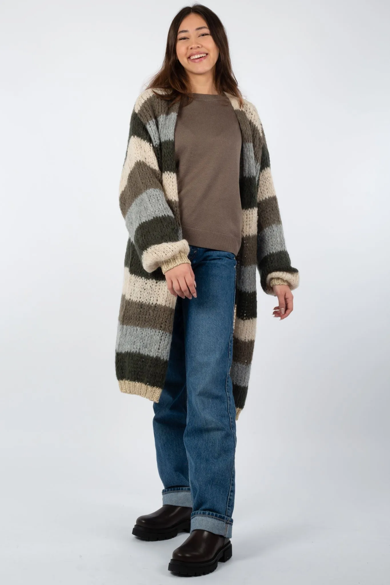 Kala Cardigan Long - Army/Beige Stripes