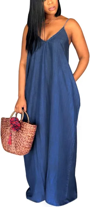 Maxi Dresses for Women Sexy Casual Spaghetti Strap Long Summer Sundress with Pockets