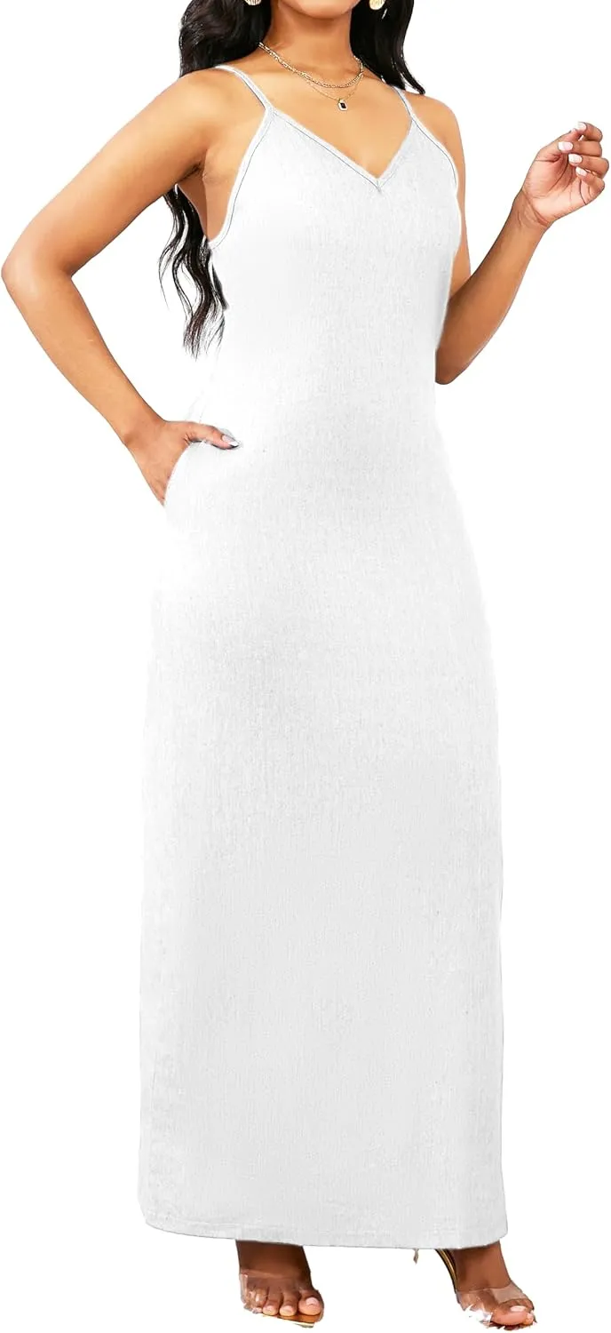 Maxi Dresses for Women Sexy Casual Spaghetti Strap Long Summer Sundress with Pockets