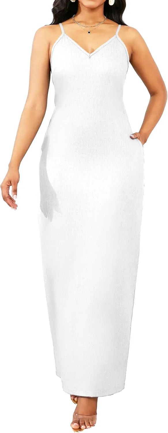 Maxi Dresses for Women Sexy Casual Spaghetti Strap Long Summer Sundress with Pockets
