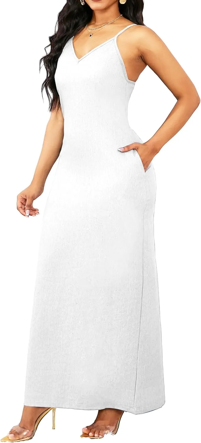 Maxi Dresses for Women Sexy Casual Spaghetti Strap Long Summer Sundress with Pockets