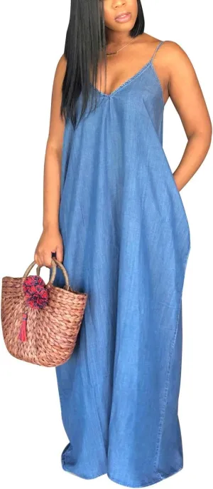 Maxi Dresses for Women Sexy Casual Spaghetti Strap Long Summer Sundress with Pockets