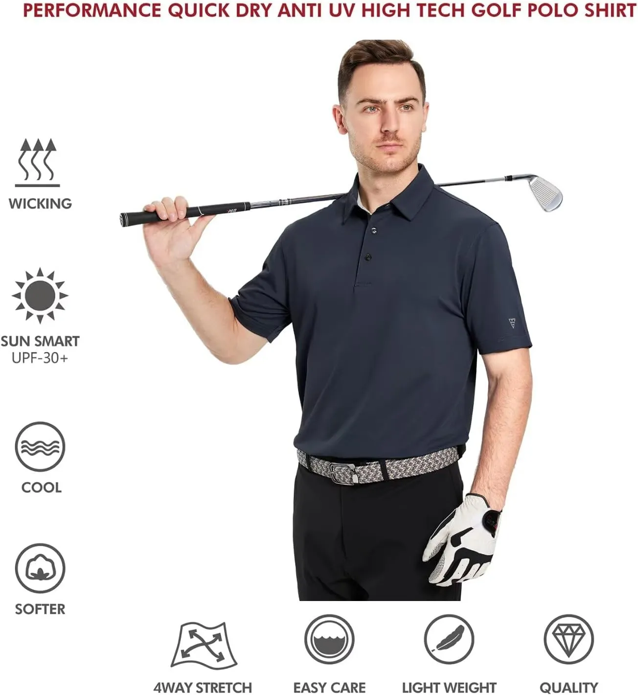 Mens Golf Shirt Short and Long Sleeve Moisture Wicking Dry Fit Performance Solid Casual Pique Golf Polo Shirts for Men