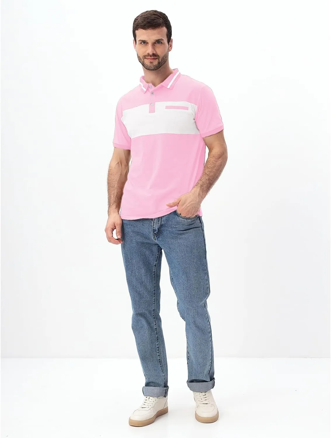 Mens Polo Shirts Short/Long Sleeve Casual Color Block Golf Polo T Shirt Stylish Contrast Collar Cotton Tops for Men
