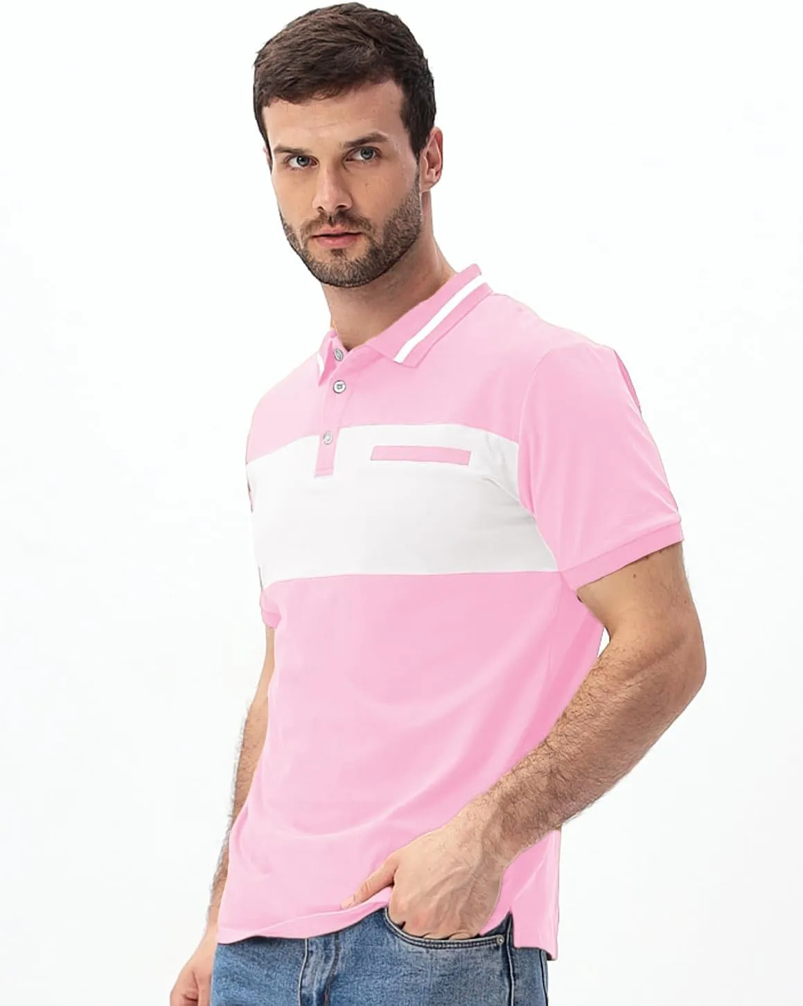 Mens Polo Shirts Short/Long Sleeve Casual Color Block Golf Polo T Shirt Stylish Contrast Collar Cotton Tops for Men