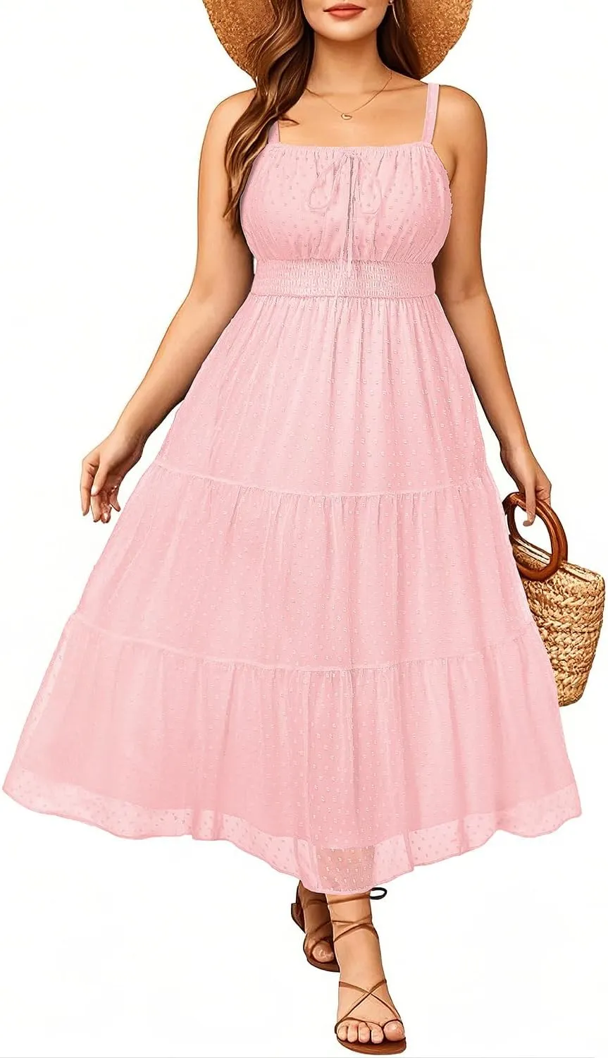 Plus Size Summer Dresses - Boho Maxi Sundress with Pockets Spaghetti Strap Long Casual Sun Dress for Vacation and Beach