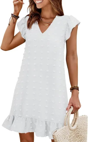 QACOHU Spring Summer Dresses for Women 2025 V Neck Cap Sleeve Ruffle Hem Smock Short Casual Outings Beach Dress