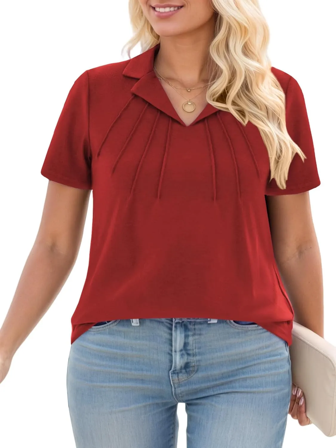 ROSRISS Plus-Size Polo Shirts for Women Summer Casual V Neck Pleated Tops Trendy Dressy Short Sleeve Collared Blouses XL-5XL