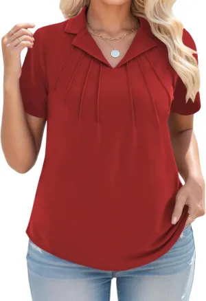 ROSRISS Plus-Size Polo Shirts for Women Summer Casual V Neck Pleated Tops Trendy Dressy Short Sleeve Collared Blouses XL-5XL