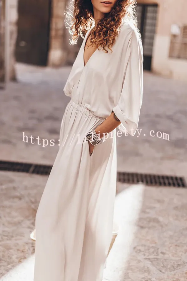 Soft and Elegant Kimono Sleeve Stretchy Waist Pocketed Slit Maxi Dress