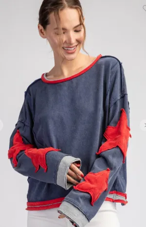 Washed Star Embroidered Long Sleeve Top