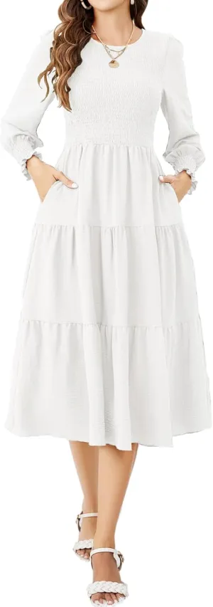 Women's Elegant Criss-Cross V Neck Vintage Short Sleeve Work Casual Fit and Flare Tea Dress with Pockets 990A
