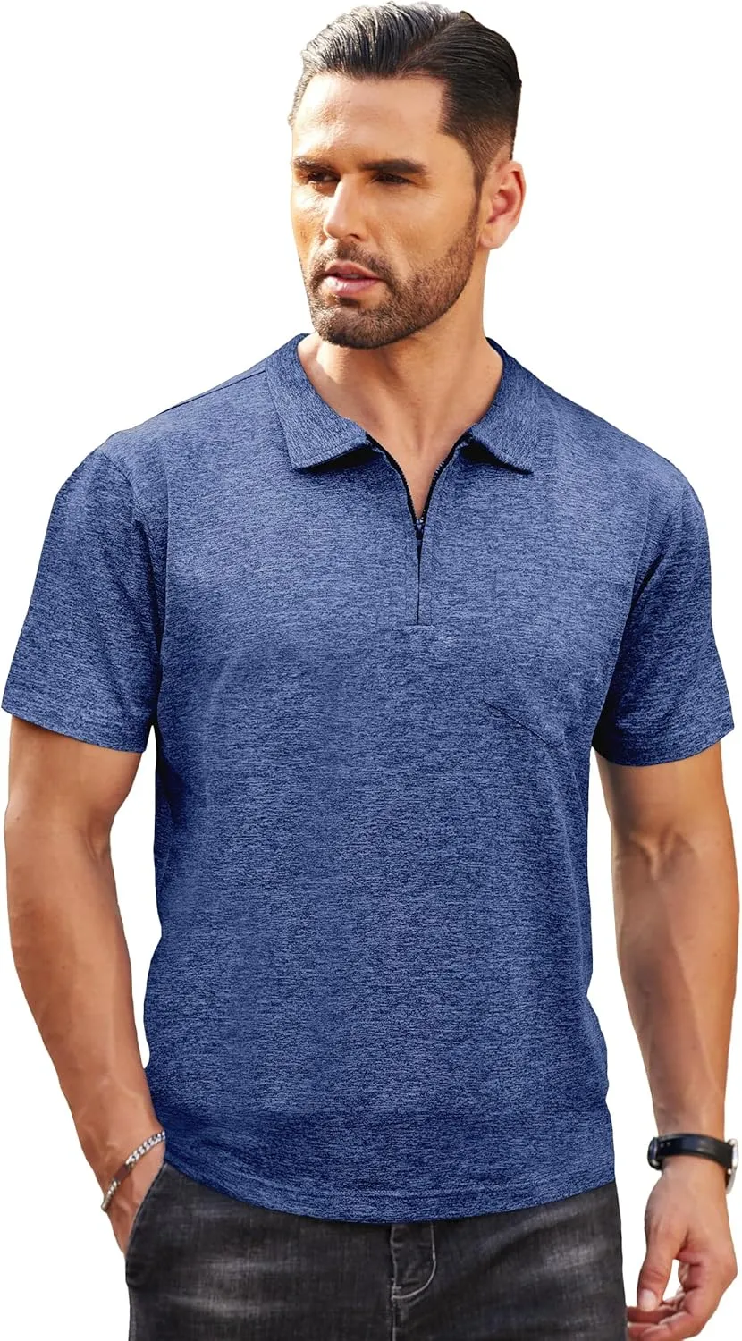 Zipper Polo Shirts for Men Casual Short Sleeve Polo T-Shirt Classic Fit Golf Shirts