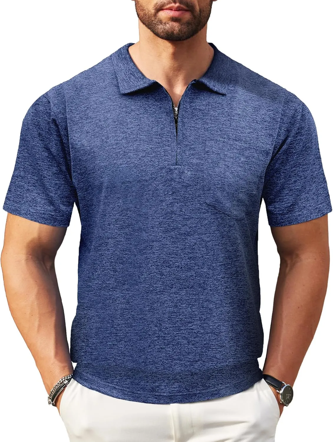 Zipper Polo Shirts for Men Casual Short Sleeve Polo T-Shirt Classic Fit Golf Shirts