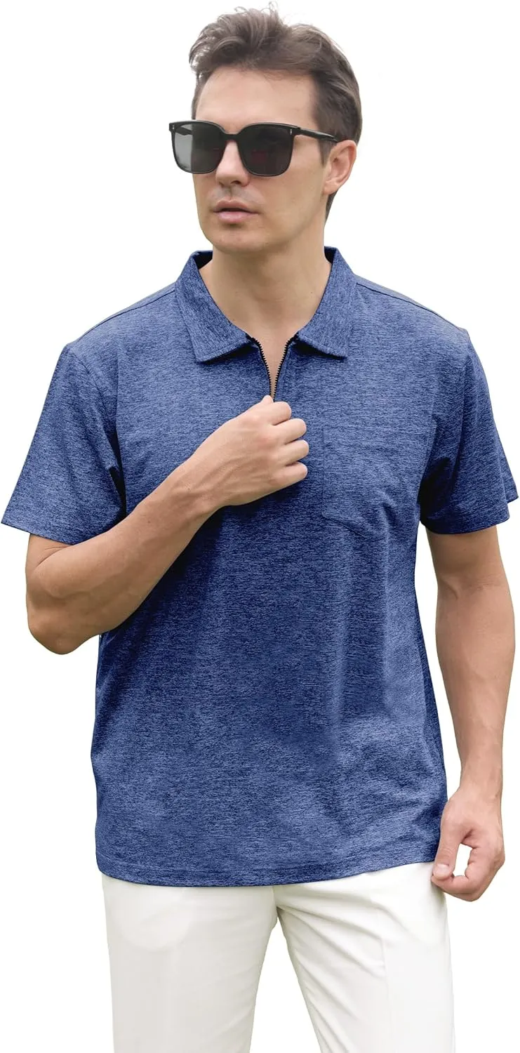 Zipper Polo Shirts for Men Casual Short Sleeve Polo T-Shirt Classic Fit Golf Shirts