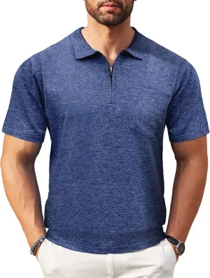 Zipper Polo Shirts for Men Casual Short Sleeve Polo T-Shirt Classic Fit Golf Shirts